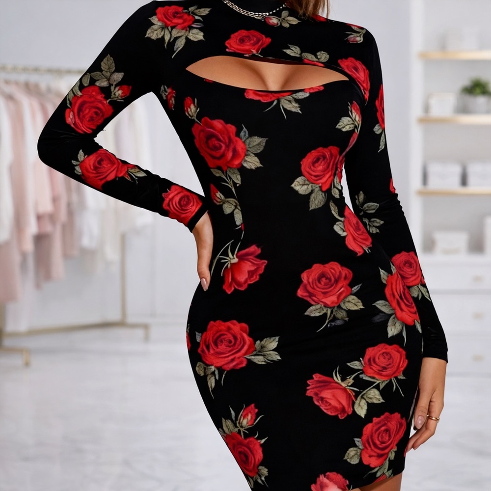 Chic Long Sleeve Black Dress with Red Floral Design